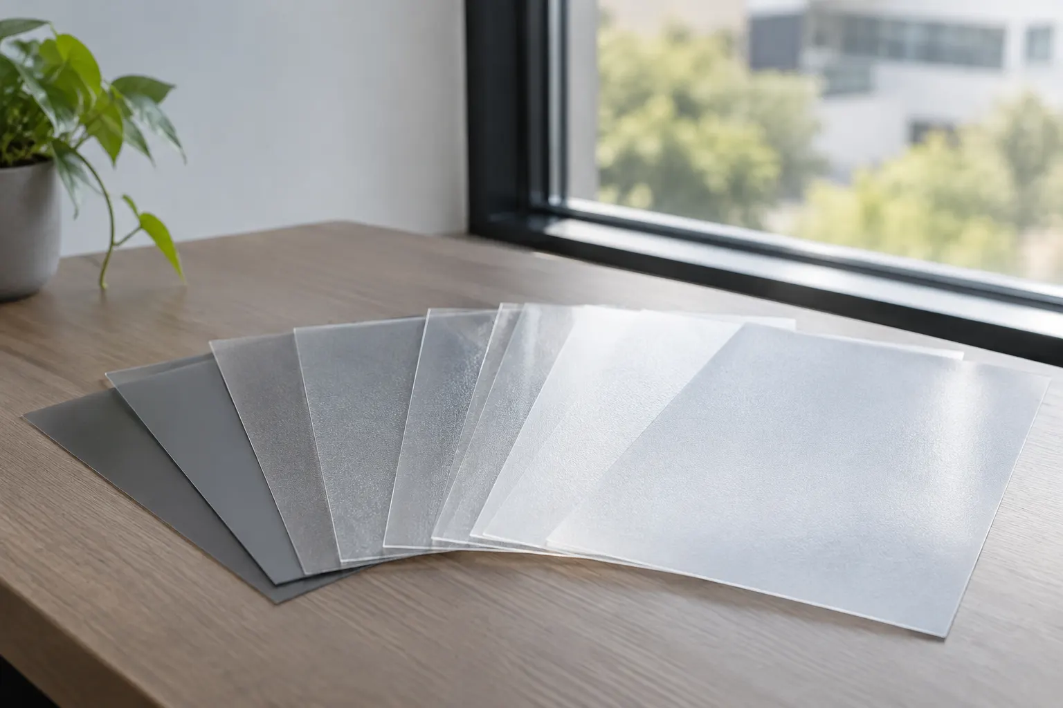 Architectural film samples arranged beside a window