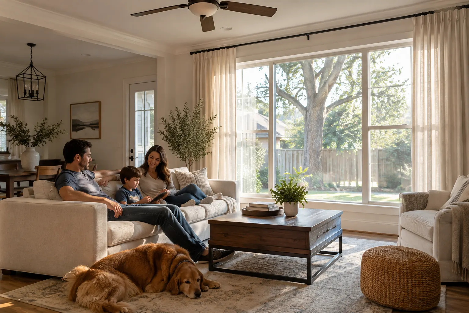 Family sitting beside a broad sunlit living-room window