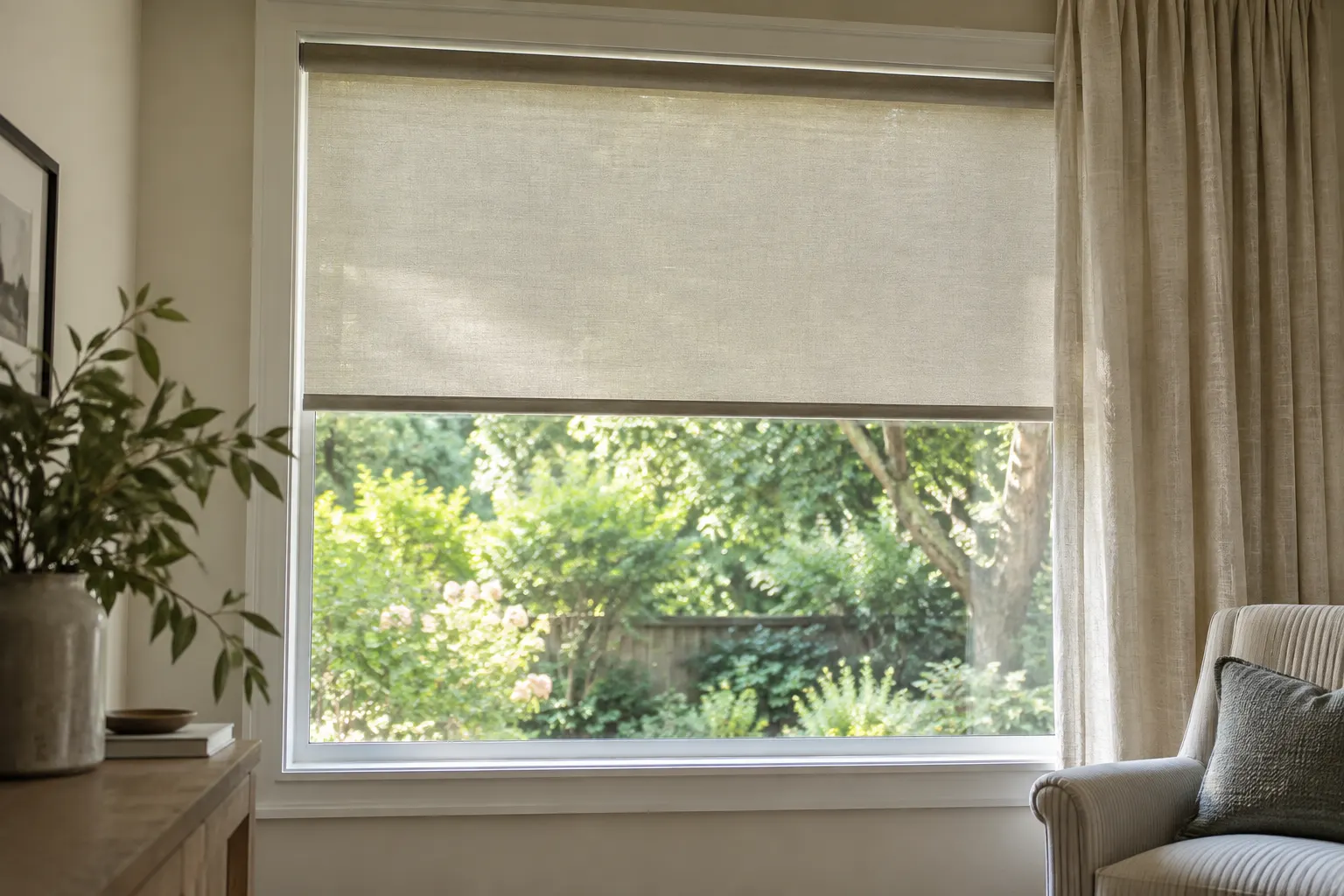 Window with a partially lowered roller blind and a linen curtain