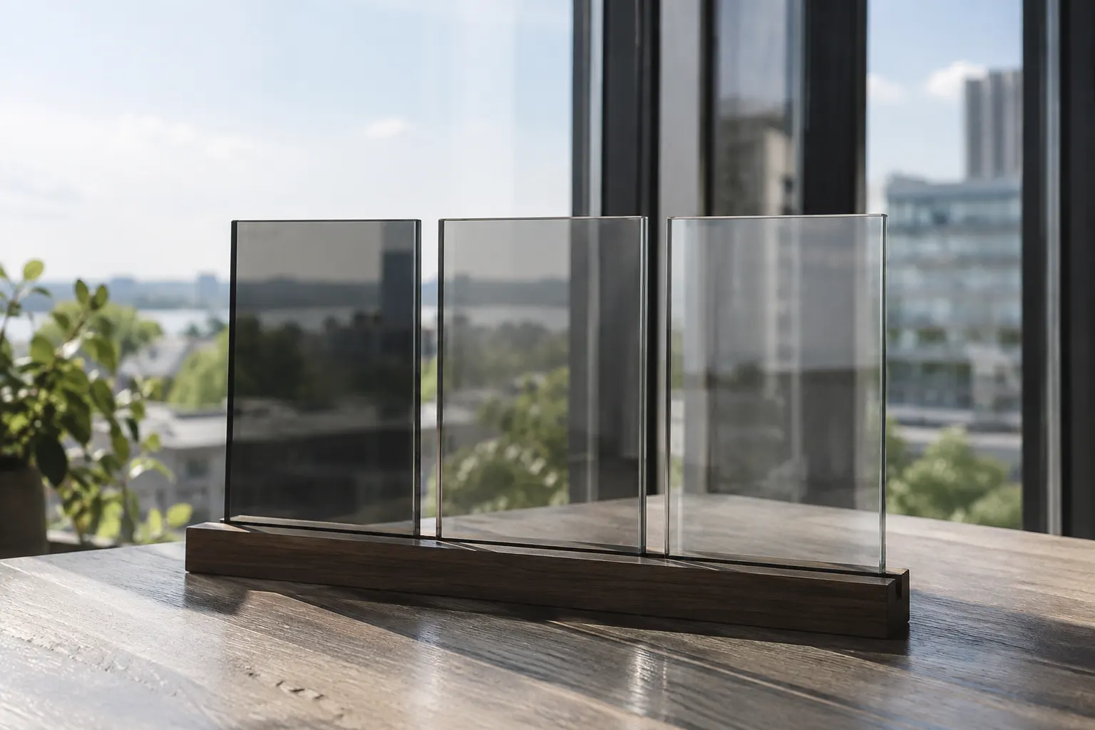Three transparent grey glass samples in a tabletop holder