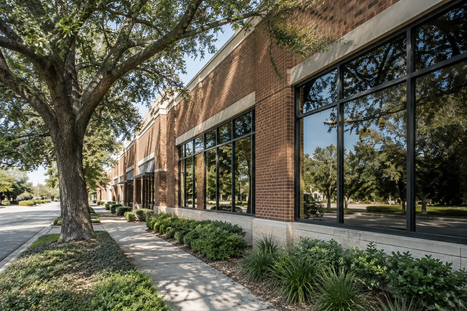 Street-side glazing on a low-rise brick commercial building
