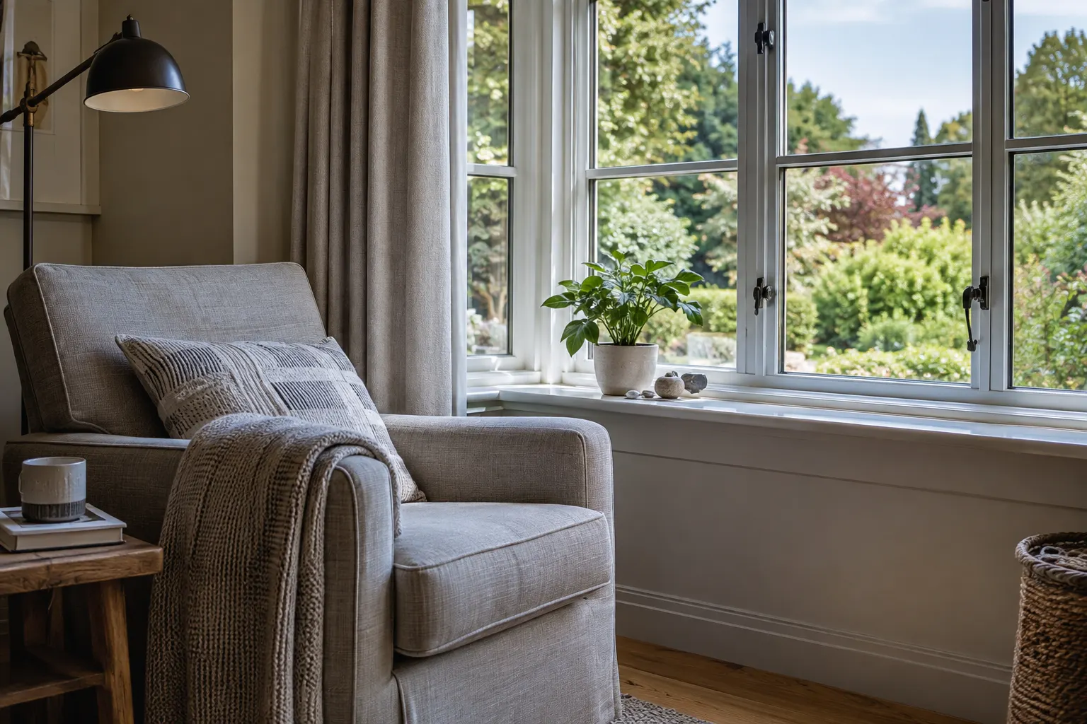 Reading chair beside a residential window alcove