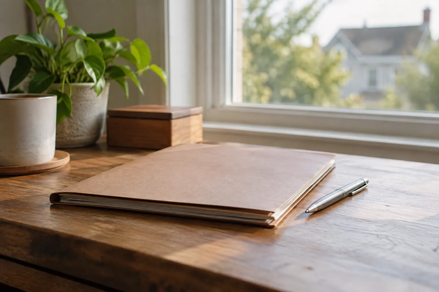 Closed document folder and pen beside a window