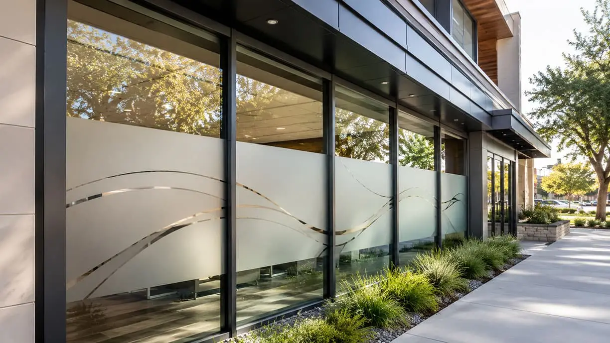 Frosted and decorative window film on commercial glass in Houston
