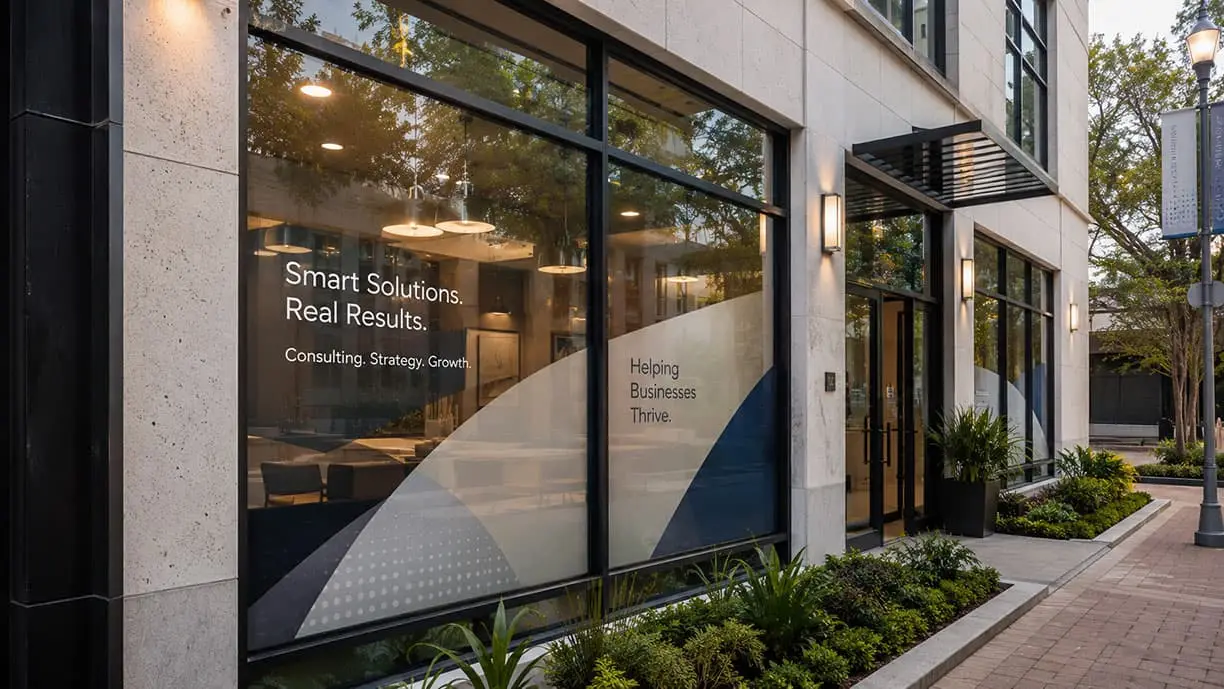 Commercial window graphics on Houston storefront glass